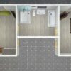 Two hotel rooms with two beds each and a shared bathroom.