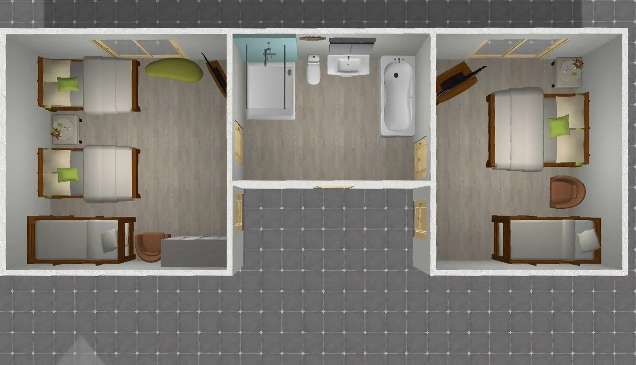 A floor plan of a room with two bathrooms.