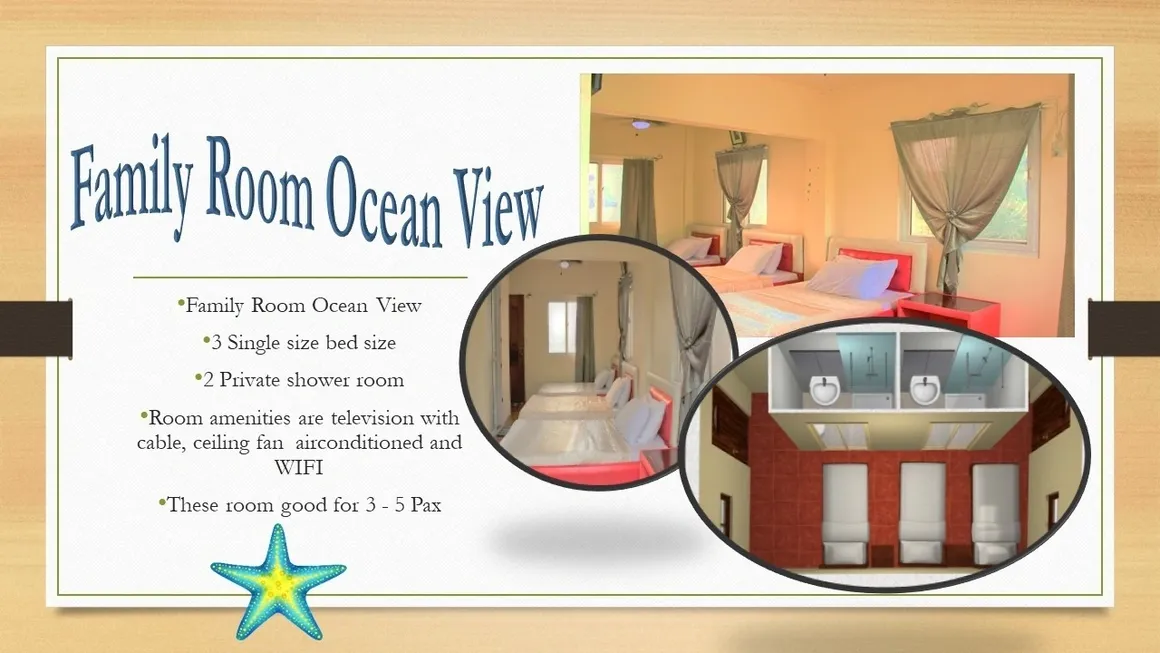 A room with a view of the ocean and a bathroom.