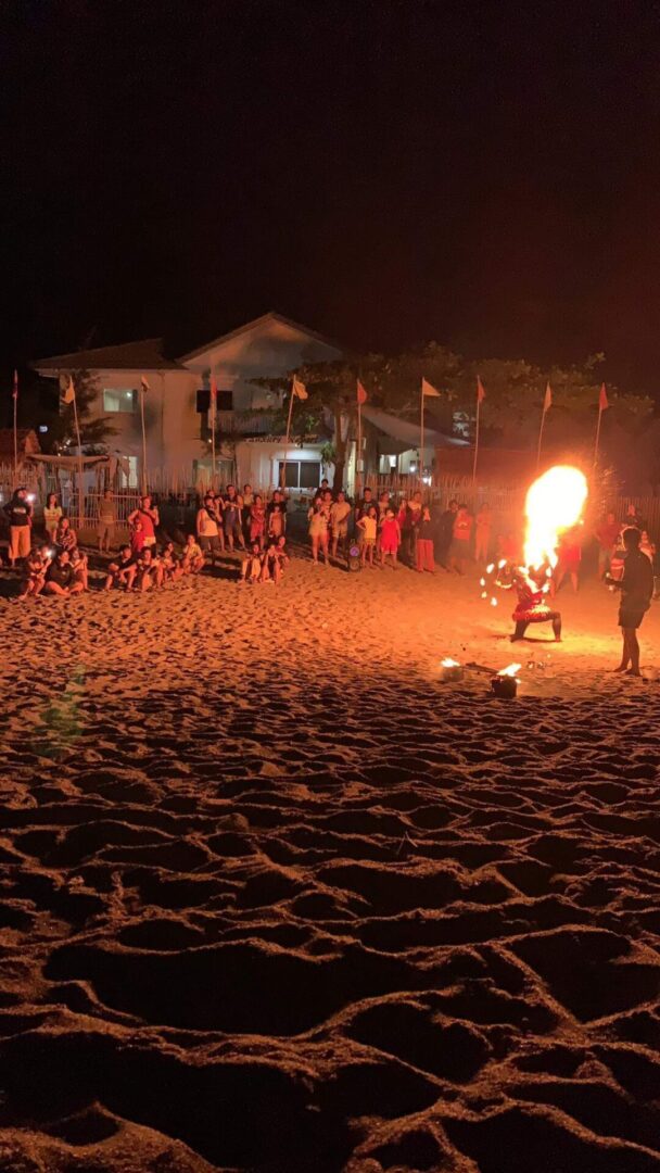 Fire dancer performance on beach at night.